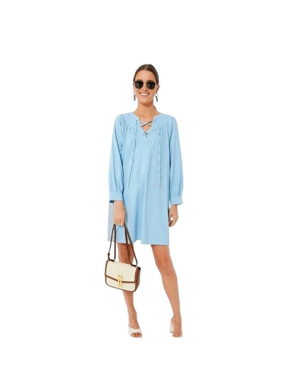 Pomander Place Baby Blue Robbie Lace Up Long Sleeve Dress Womens Medium